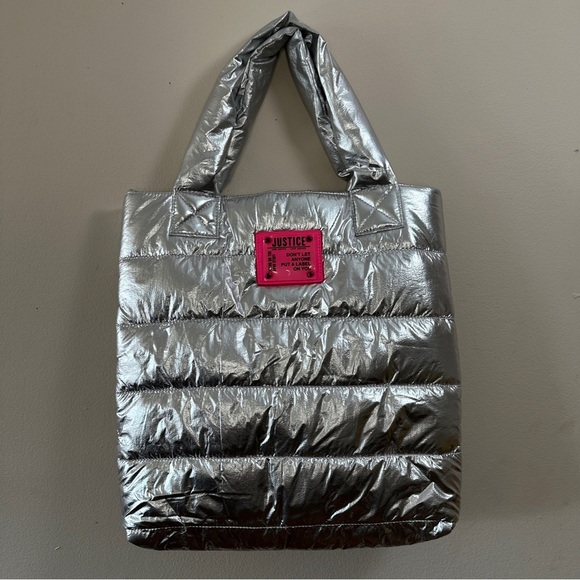 Justice Handbags - Justice Metallic Silver Puffer Tote Bag - Quilted Shiny Puffy Handbag - Hot Pink